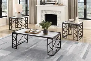 Occasional 3pc Tables Set Tempered Glass Top Coffee Table and End Tables Black Metal Frame Living Room Furniture