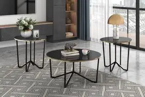 Round Coffee Table and End Tables 3pc Set Black Tempered Glass Top Metal Frame Modern Living Room Furniture