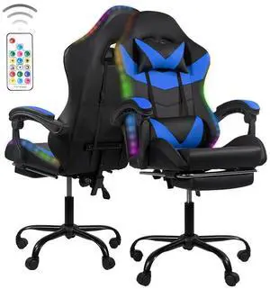 Gaming Chair Black-Blue - Ergonomic PU Seat w/Adjustable Armrests & Metal Legs