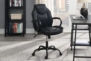 Gaming And Office Chair Black Faux Leather 1pc Chairs Casters Plush Padded Chair w Arms Comfortable Chair