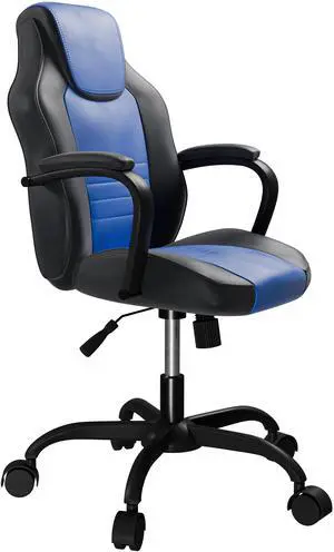 Gaming Office Chair Blue And Black Faux Leather 1pc Chairs Casters Plush Padded Chair w Arms Comfortable Modern Stylish