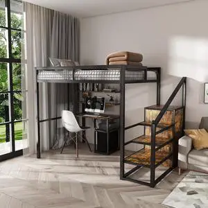 Full-Size Loft Bed w/Desk & Wardrobe - Heavy Metal Frame, Built-In Staircase, Storage Rack & Shelves - Gaming Bed for Adults/Teens (Black) - Computer Desk w/USB & Outlet (Black)