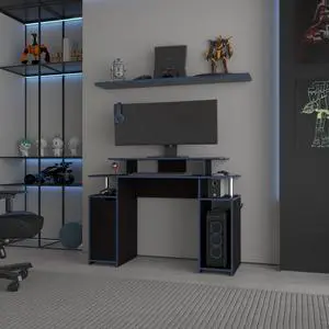 FM FURNITURE Lol Minimalist Gaming Desk with Elevated Monitor Shelf. Blue Accents