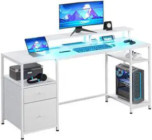 HOMCOM 61" Computer Desk with LED Lights, Power Outlets, and USB Ports, Gaming Desk with Storage Shelves, Monitor Stand, Fabric Drawers & Remote for Home Office Study, Distressed White