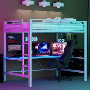 Full Size Gaming Metal Loft Bed Frame with LED Light, USB Charge Station and Desk,White