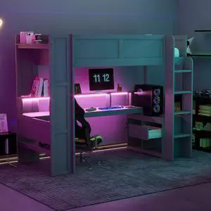 Wood Twin Size Gaming Loft Bed with Desk, Multi-storage Shelves, LED and Charging Station, Dark Gray