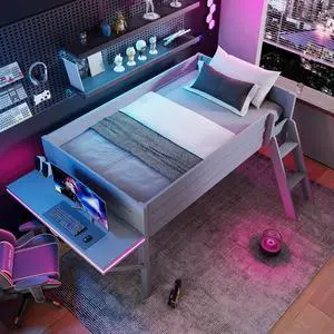 Wood Twin Size Gaming Loft Bed with Desk and LED, Grey