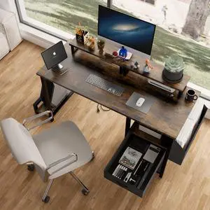 Computer Desk with Drawer and Power Outlets, 47" Office Desk with 2 Monitor Stands and Fabric File Cabinet, Writing Gaming Table with Shelves and Hooks for Home Office, Rustic Brown