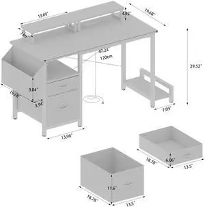 47.3"office desk with power outlet,2 Monitor Stands,2 drawers,Side Pocket,Easy to Assemble,Frame stability Reversible,use for home desk, computer desk, game table,White
