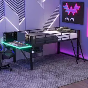 Gaming mid loft bed with desk, LED, Twin, Black Gaming mid loft bed with desk, LED, Twin, Black