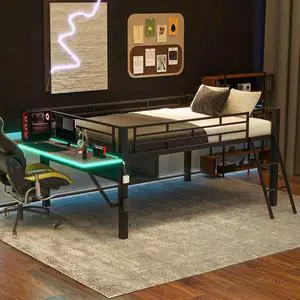 Gaming mid loft bed with desk, LED, Full, Black Gaming mid loft bed with desk, LED, Full, Black