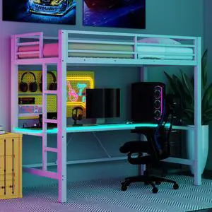 Twin Size Gaming Metal Loft Bed Frame with LED Light, USB Charge Station and Desk,White