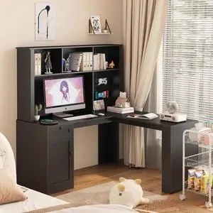 L Shaped Desk with Charger,Computer Desk with Drawers,Bookshelf,Modern Corner Desk,Home Office Desk,L-Shaped Study Table Writing Desk,Carbon fiber Gaming Computer Desk with Storage,Black