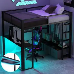 Full Size Metal Gaming Loft Bed with LED, Desk, Open Wardrobe and 3 Linen Storage Drawers, Black