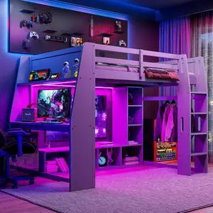 Wood Full Size Gaming Loft Bed with Desk, Multi-storage Shelves, LED and a Hanging Clothes Rack, Gray