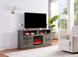 Lucifer 70"W Gray Walnut Finish TV Stand Console with Fireplace and Heater