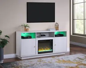 Ambrose 70"W White Walnut Finish Fireplace Console TV Stand with Heater, LED Light, Cabinets, Shelves