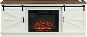 Farmhouse style TV stand with 23-inchfireplace for 65/70/75-inchTV with outlets in a modern entertainment center design with sliding barn doors