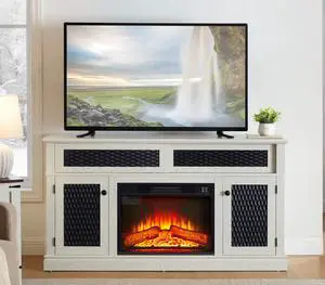 Embossed Pattern TV Stand with 23" fireplace insert,, TV and Media Console with Open and Closed Storage Space and sliding door for Living Room & Bedroom,White, 58.27"W*15.35"W*31.7H