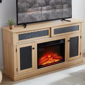 Embossed Pattern TV Stand with 23" fireplace insert,, TV and Media Console with Open and Closed Storage Space and sliding door for Living Room & Bedroom,LIGHT OAK, 58.27"W*15.35"W*31.7H
