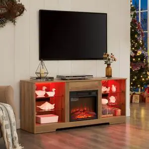 TV Stand Electric Fireplace TV Stand with Glass Shelves, 3D Fireplace TV Stand with LED Lights Wood with USB Charging Outlet Modern Television Table Center for TV up to 32-62" OAK 58'W*15.4''D*24.4