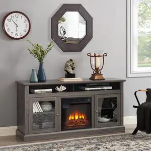 Retro TV Stand for 65'' TV, TV Console Cabinet with Storage, Open Shelves Entertainment Center with 18" Fireplace Insert  for Living Room Dark Walnut 60"W*15.75"D*29"H