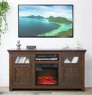 2 Doors Cabinet Farmhouse  Cabinet, Farmhouse TV Stand Barn Design,Farmhouse TV Media Stand, Large Barn Inspired Home Entertainment Console with 18" fireplace insert,Espresso,60.23"W*15.35"D*31.7"H