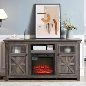 2 Doors Cabinet Farmhouse  Cabinet, Farmhouse TV Stand Barn Design,Farmhouse TV Media Stand, Large Barn Inspired Home Entertainment Console with 18" fireplace insert,GREY, 60.23"W*15.35"D*31.7"H
