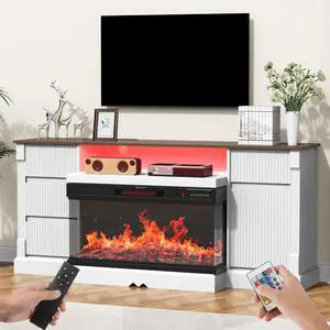 Modern 3-Sided Glass TV Stand with Electric Fireplace for TVs up to 80", Entertainment Center with LED Lights, Storage Cabinet & Drawers for Living Room