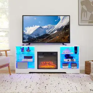 TV Stand Electric Fireplace TV Stand with Glass Shelves, 3D Fireplace TV Stand with LED Lights Wood with USB Charging Outlet Modern Television Table Center for TV up to 32-62" White 58''W*15.4''D*24.4