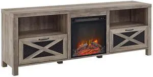 Industrial Farmhouse Metal Mesh Drop-Down X-Door 70" Fireplace TV Stand for 80" TVs - Grey Wash