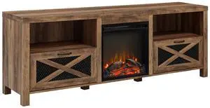 Industrial Farmhouse Metal Mesh Drop-Down X-Door 70" Fireplace TV Stand for 80" TVs - Rustic Oak