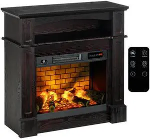 32" Electric Fireplace with Mantel, Freestanding Heater with LED Log Flame, Shelf and Remote Control, 700W/1400W, Brown