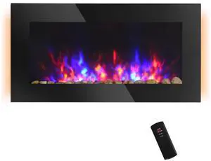 36" 1500W Electric Wall-Mounted Fireplace with Flame Effect, 7 Color Background Light and Side Light, Black