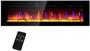 HOMCOM 60" Electric Fireplace Recessed and Wall Mounted with Remote Control, 1500W Fireplace Heater with 8H Timer, Adjustable Flame Color and Brightness, Log and Crystal