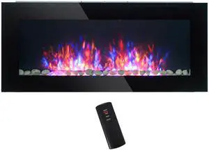 HOMCOM 41.3" 1500W Electric Wall-Mounted Fireplace with Flame Effect, 7 Color Background Light, Black