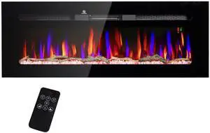 HOMCOM 50" Electric Fireplace Recessed and Wall Mounted with Remote Control, 1500W Fireplace Heater with 8H Timer, Adjustable Flame Color and Brightness, Log and Crystal