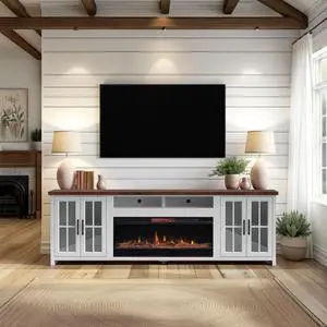 97 inch Fireplace TV Stand Console for TVs up to 100 inches, Minimal Assembly, Jasmine Whitewash and Barnwood Finish