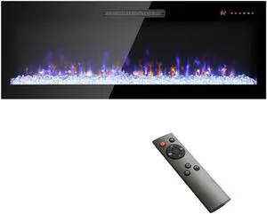 60 inch recessed ultra thin tempered glass front wall mounted electric fireplace with remote and multi color flame & emberbed, LED light heater