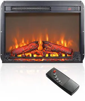 23 inch electric fireplace insert, ultra thin heater with log set & realistic flame, remote control with timer, overheating protection
