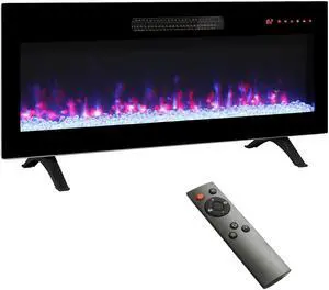 36 inch recessed ultra thin tempered glass front wall mounted electric fireplace with remote and multi color flame & emberbed, LED light heater