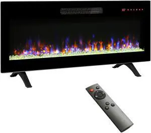 42 inch recessed ultra thin tempered glass front wall mounted electric fireplace with remote and multi color flame & emberbed, LED light heater