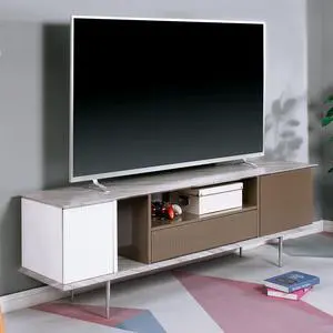 Modern Contemporary Style TV Console Base Stand Open Shelf And One Drawer Attached Ball Bearing Glides Replicated Marble On Top With High Gloss Champagne, White, And Gray Finish
