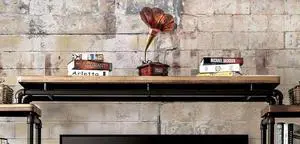 Industrial Style TV Console Bridge Pipe Inspired Frame Metal And Wood Structure Antique Black And Natural Tone Finish