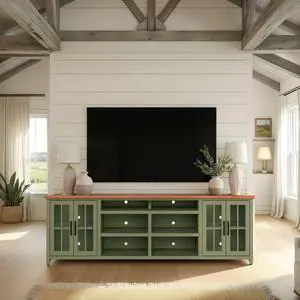 96 inch TV Stand Console for TVs up to 100 inches, No Assembly Requried, Sage Green and Fruitwood Finish