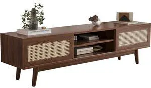 Rattan TV Stand for TVs, Wood TV Stand Mid Century Modern TV Stand TV Media Console with Drawer and 2 Cabinets, Boho Entertainment Center for Living Room