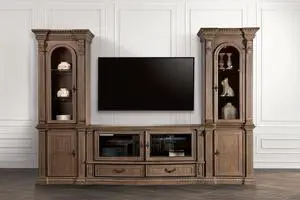 Traditional Style TV Console Base Entertainment Center With 6 Doors And 2 Drawers Carved Detail Design Dentil Moldings Reeded Posts Weather Oak Finish