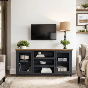 67 inch TV Stand Console for TVs up to 80 inches, No Assembly Required, Black and Whiskey Finish