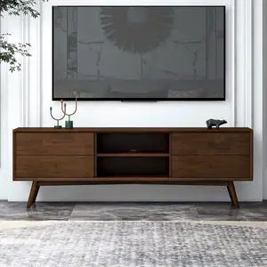 Caroline Mid Century Modern Style Walnut TV Stand for Flat-Screen TVs Up To 71 Inches in Brown Solid Wood for Bedroom, Hallway, Entryway, Closet, Tall Chest Organizer Unit