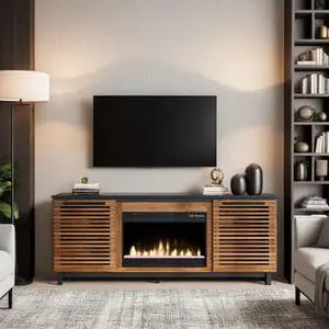 69 inch Fireplace TV Stand Console for TVs up to 80 inches, Bourbon and Black Finish